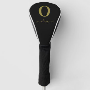Couvre-club De Golf Nom De Script Monogramme Personnalisé Noir Et Or