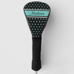 Couvre-club De Golf Nom du script de la bande de points Polka Turquois