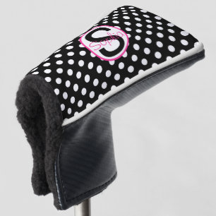 Couvre-club De Golf Nom initial rose noir avec pois