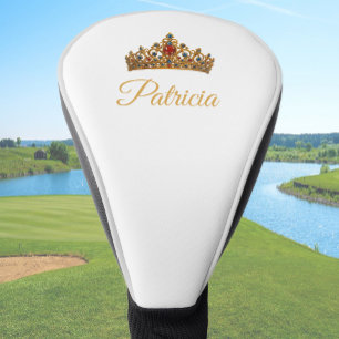 Couvre-club De Golf Nom personnalisé et couronne dorée sertie de bijou
