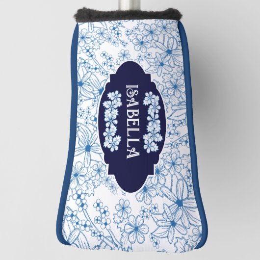 Couvre-club De Golf Nom personnalisé Modèle floral bleu féminin (Tourné à 90°)