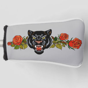 Couvre-club De Golf Panthère noire et tête de golf rose en fleurs
