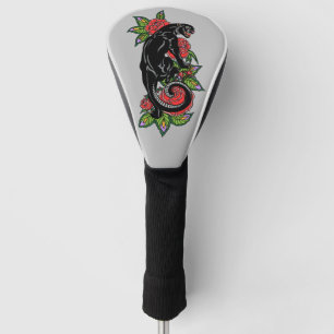 Couvre-club De Golf Panthère noire rugissante et tête de golf rose fle