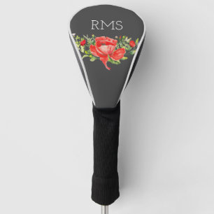 Couvre-club De Golf Pavot rouge sur gris Monogramme personnalisable