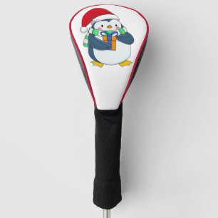 Couvre-club De Golf Penguin dans un casquette de Noël avec un cadeau