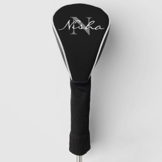 Couvre-club De Golf Personnalisé Blanc Gris Monogramme Nom Noir