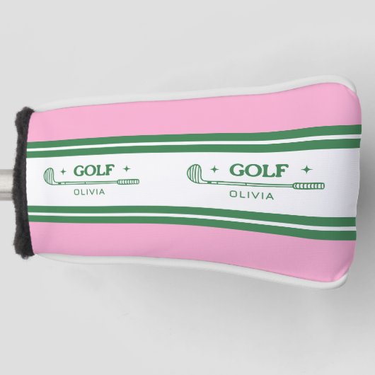 Couvre-club De Golf Pink & Green Striped cadeau rétro personnalisé (Devant)