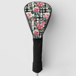 Couvre-club De Golf Plaqué noir et blanc avec Camellias rose feuillus