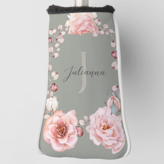 Couvre-club De Golf Rose d'aquarelle Wreath personnalisée | Vert sage (Tourné à 90°)