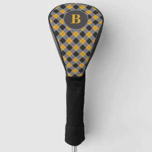 Couvre-club De Golf Tartan gris-jaune monogramme personnalisé