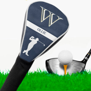 Couvre-club De Golf Texture en cuir bleu Nom du monogramme blanc