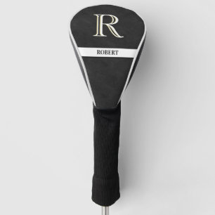 Couvre-club De Golf Texture en cuir noir Nom du monogramme blanc