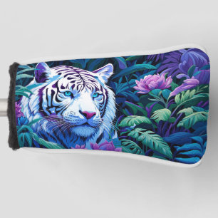 Couvre-club De Golf Tigre blanc en fleurs violettes Réflexion