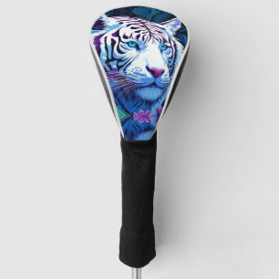 Couvre-club De Golf Tigre blanc en fleurs violettes Réflexion
