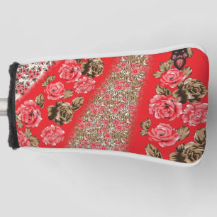 Couvre-club De Golf Tissu rouge éclatant avec floral complexe et