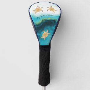 Couvre-club De Golf Tortue d'or bleu tribal Aquarelle Monogram Beach