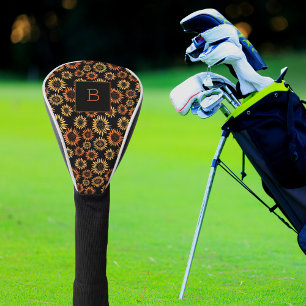 Couvre-club De Golf Tournesol noir or monogramme initial