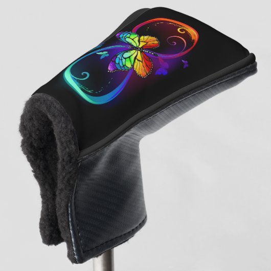 Couvre-club De Golf Vibrant infinity with rainbow butterfly on black (Devant 3/4)