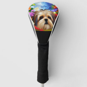 Couvre-club De Golf Visage Shih Tzu entouré de fleurs