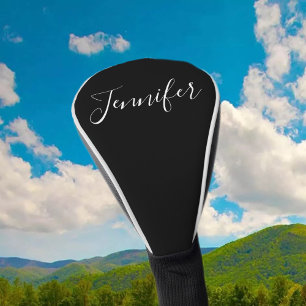 Couvre-club De Golf Votre Nom Écriture Blanche Élégante sur Fond Noi