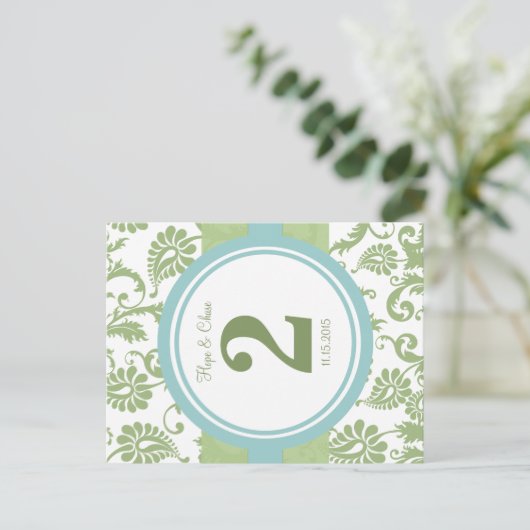Cover Damask en Aqua Table Number Briefkaart (Staand voorkant)