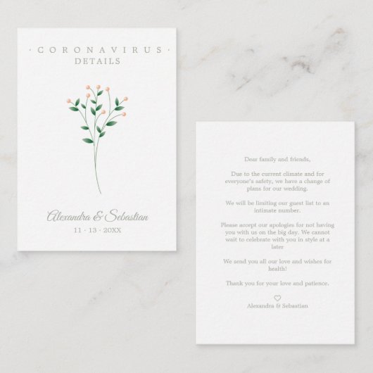 Covid Details Sophisticated Coral Elegant Branches Informatiekaartje (Voorkant / Achterkant)