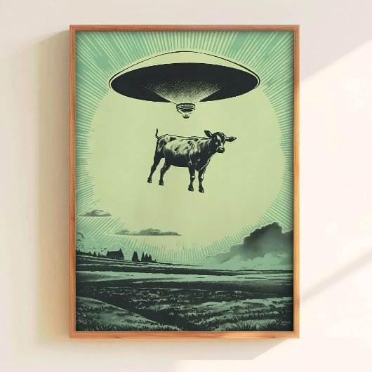 Cow Abduction Print Retro UFO Poster Alien Wall Ar