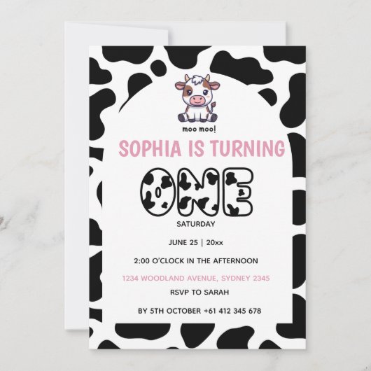 Cow Theme First Birthday Invitation – Turning One  (Devant)