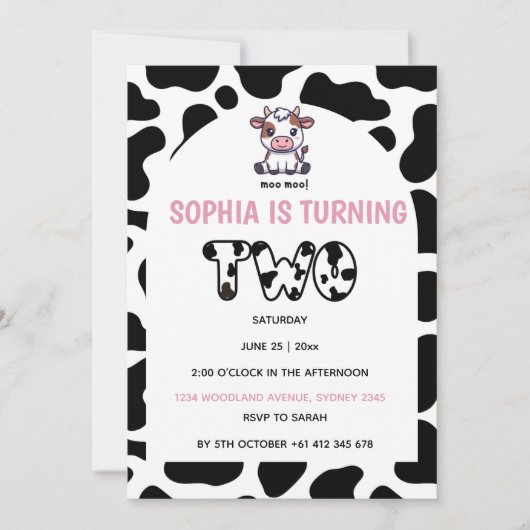 Cow Theme Second Birthday Invitation –Turning TOW  (Devant)
