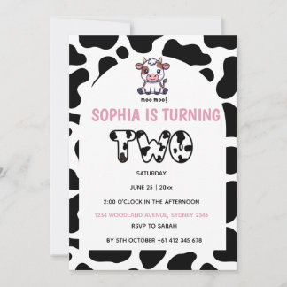 Cow Theme Second Birthday Invitation –Turning TOW Kaart