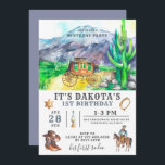 Cowboy 1er Anniversaire Invitation<br><div class="desc">Invitation fantaisiste de cowboy sauvage de l'ouest à l'anniversaire en terre cuite brun et blues pour un garçon, avec la ville occidentale, cowboy engrenage stagecoach, lasso, et cowboy à cheval. Tout ce dont un cowboy a besoin. C'est son premier rodéo ! Vous pouvez le customiser pour n'importe quel âge !...</div>