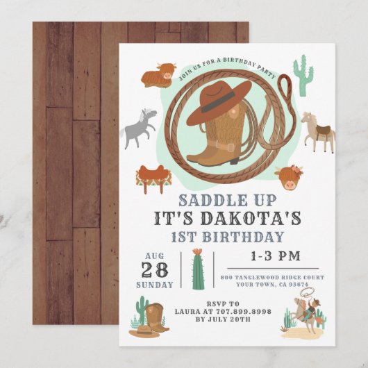 Cowboy 1er Anniversaire Invitation (Devant / Derrière)
