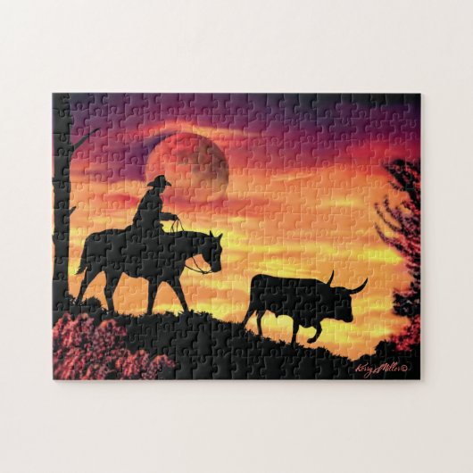 Cowboy and Longhorn Steer Legpuzzel (Horizontaal)