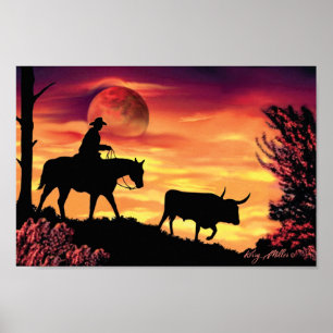 Cowboy and Longhorn Steer Poster