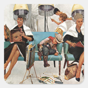 Cowboy Aslapen in Beauty Salon Vierkante Sticker