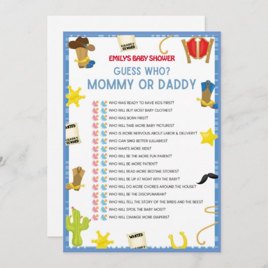 Cowboy Baby shower Game - 5x7 formaat Uitnodiging (Voorkant / Achterkant)