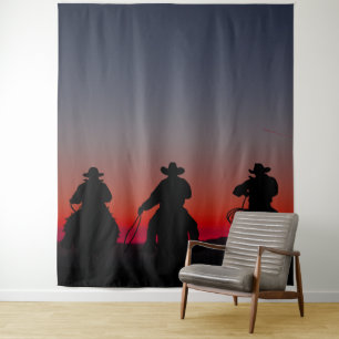 cowboy bij zonsondergang wandkleed