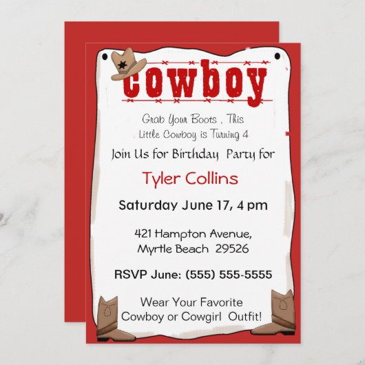 Cowboy Birthday-uitnodigingen Kaart (Voorkant / Achterkant)