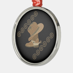 Cowboy Boot and Pet off Wooden Inlay Metalen Ornament
