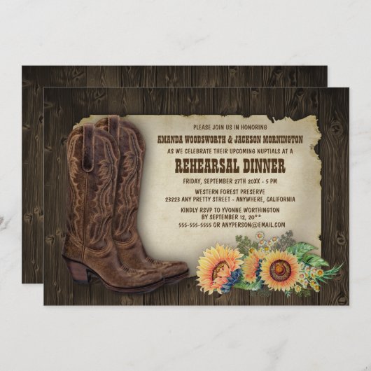 Cowboy Boot Tournesol Répétition Dîner Invitations (Devant / Derrière)