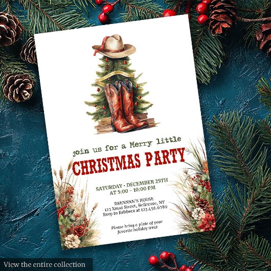 Cowboy boots Christmas party invite rustic style Kaart
