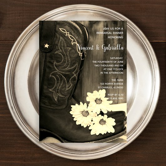 Cowboy Boots Daisy Wedding Rehearsal Dinner Sepia Kaart