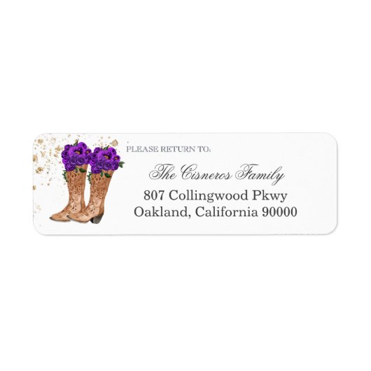 Cowboy Boots Paarse Rozen Return Address Label (Voorkant)