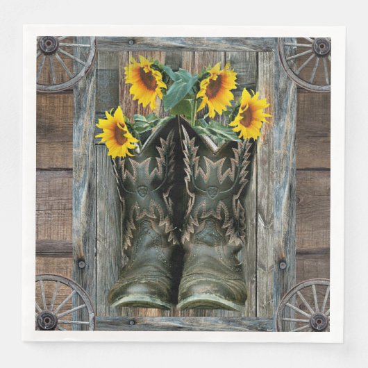 Cowboy Boots Sunflower Rustic Barn Board Servet (Voorkant)
