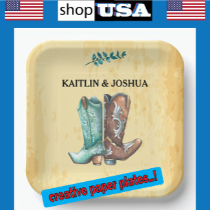 Cowboy Boots Wedding 🤠 Rustiek Western Monogram Papieren Bordje