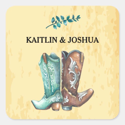 Cowboy Boots Wedding 🤠 Rustiek Western Monogram Vierkante Sticker (Voorkant)