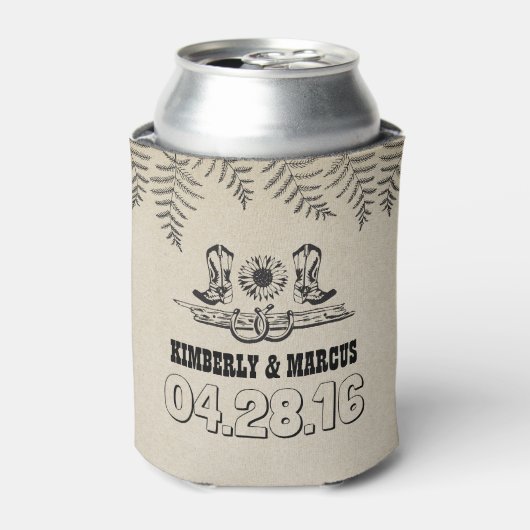 Cowboy Boots Zonnebloem en Hoefijzers Rustiek Blikjeskoeler (Blikje Voorkant)