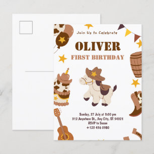 Cowboy Boy Rodeo Eerste Verjaardag Template Postca Uitnodiging Briefkaart