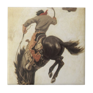  Cowboy, Bronco Buster-onderzoek door NC Wyeth Tegeltje