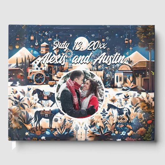 Cowboy & Bruid Blauw Westerne Stijl Bruiloft Gastenboek (Voorkant)